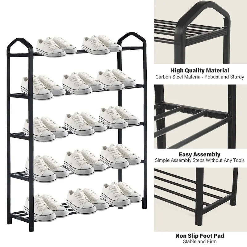 5-Tier Stackable Shoe Rack, 15-Pairs Sturdy Shoe Shelf Storage , Black Shoe Tower