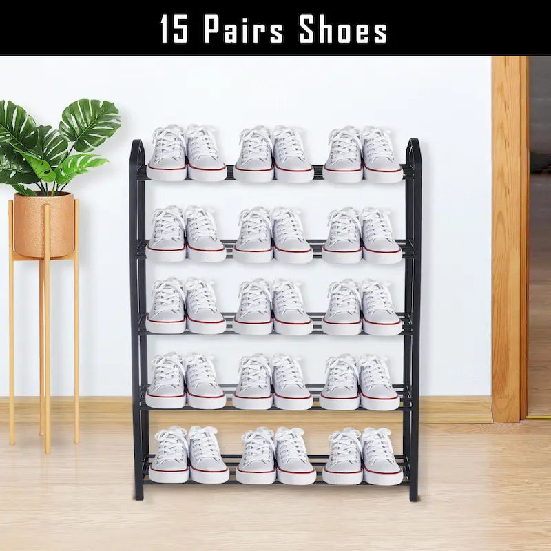 5-Tier Stackable Shoe Rack, 15-Pairs Sturdy Shoe Shelf Storage , Black Shoe Tower