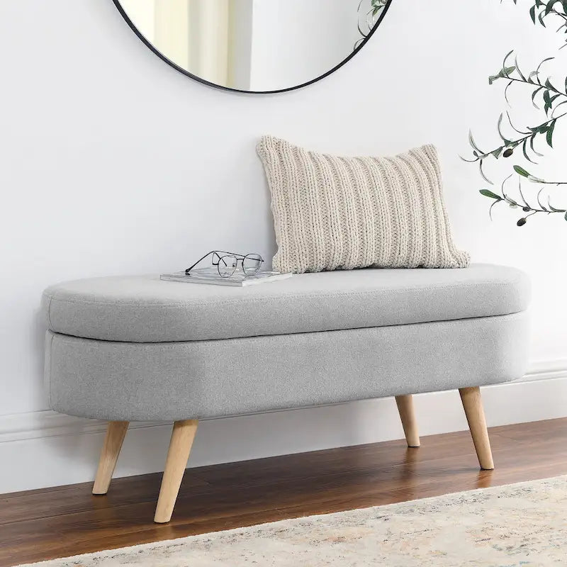 Linen Pleated Storage Ottoman Bench with Durable Rubberwood Legs
