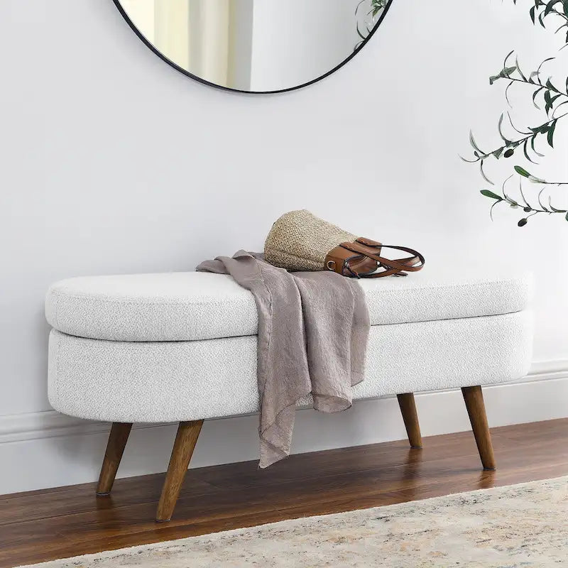 Linen Pleated Storage Ottoman Bench with Durable Rubberwood Legs