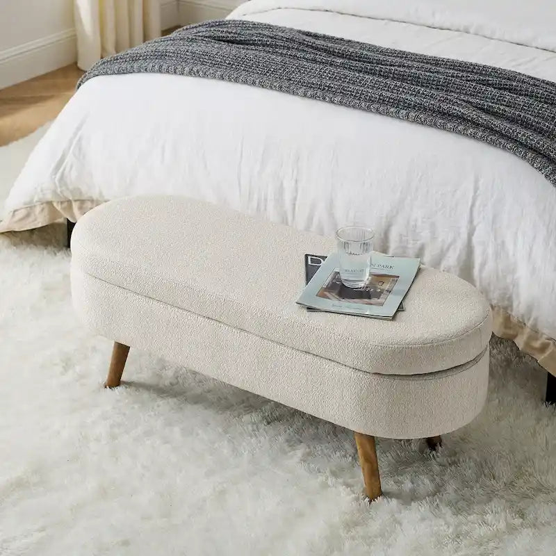 Linen Pleated Storage Ottoman Bench with Durable Rubberwood Legs