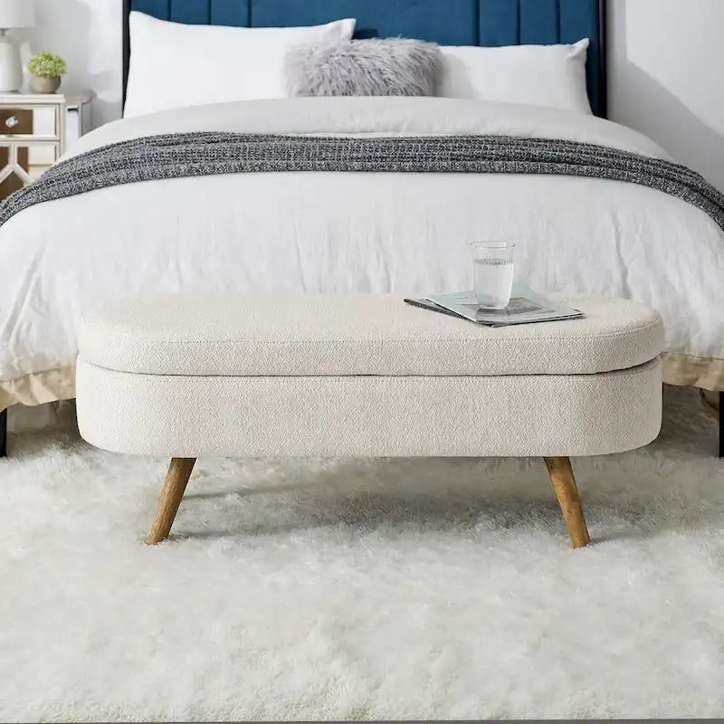 Linen Pleated Storage Ottoman Bench with Durable Rubberwood Legs