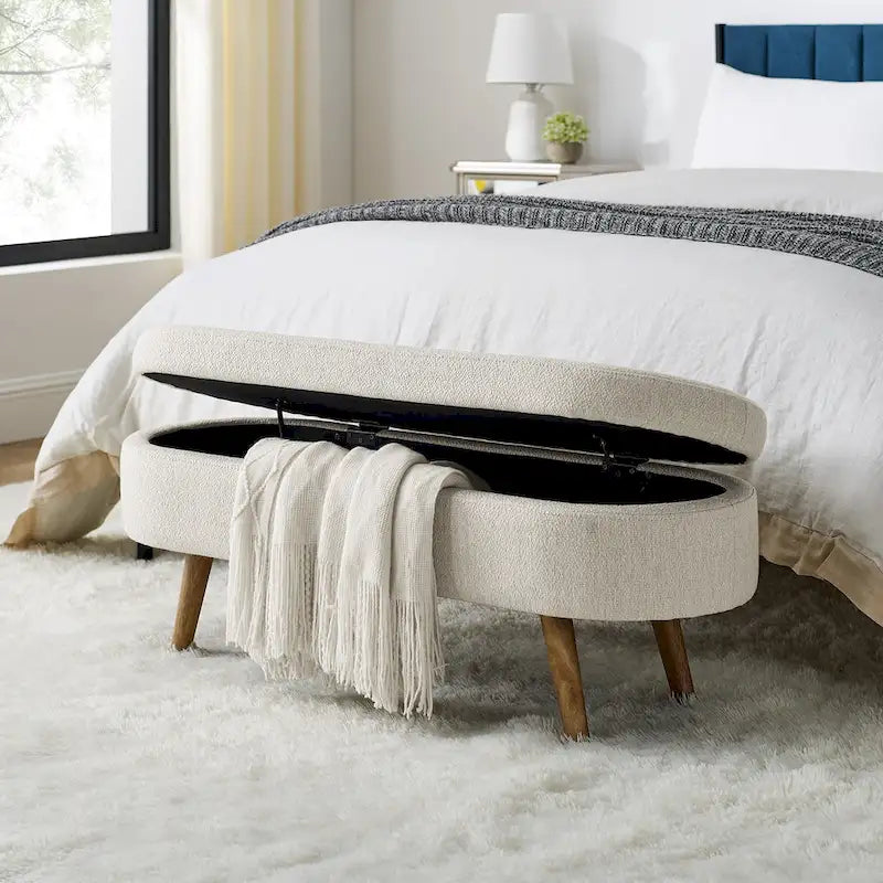 Linen Pleated Storage Ottoman Bench with Durable Rubberwood Legs