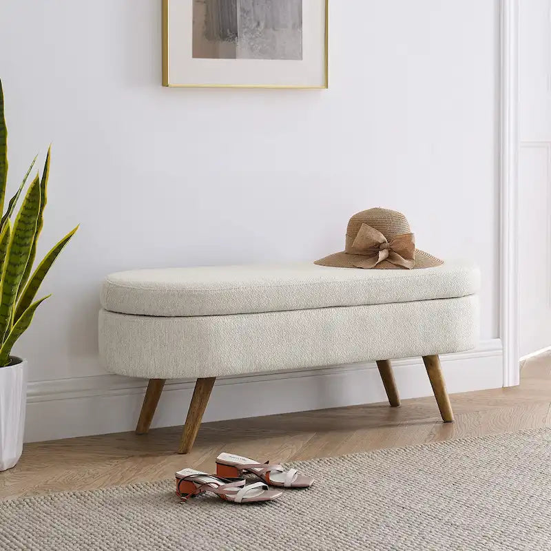 Linen Pleated Storage Ottoman Bench with Durable Rubberwood Legs