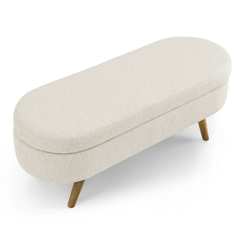 Linen Pleated Storage Ottoman Bench with Durable Rubberwood Legs