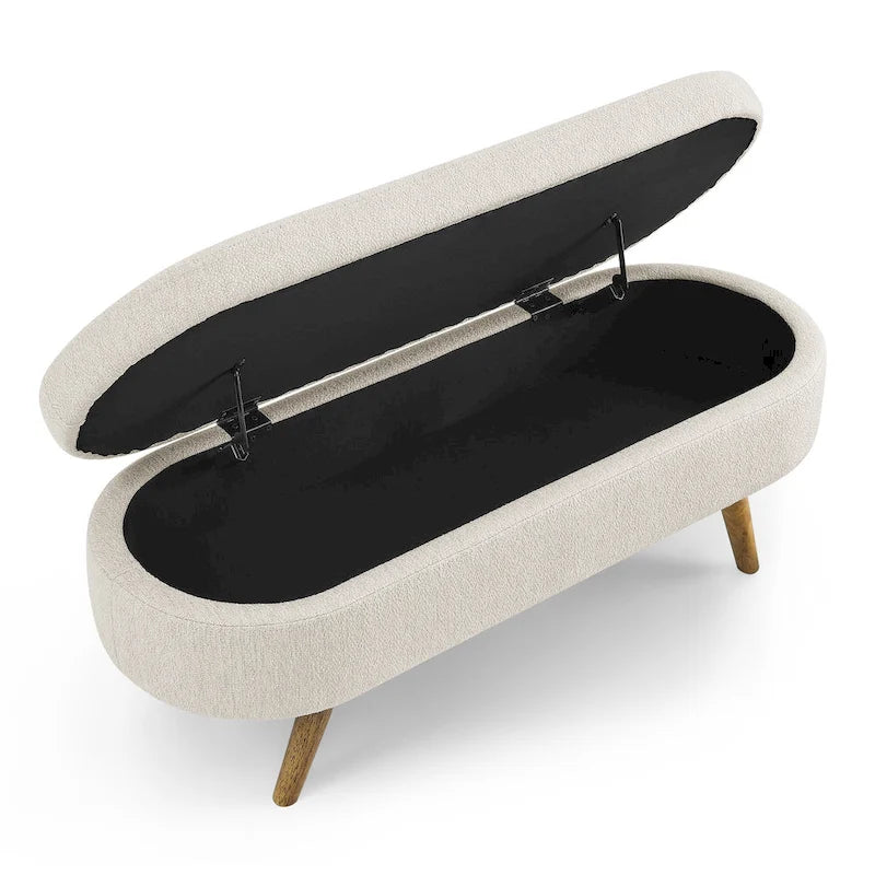 Linen Pleated Storage Ottoman Bench with Durable Rubberwood Legs