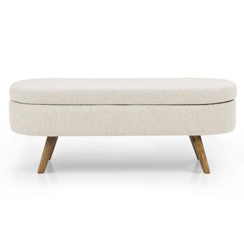 Linen Pleated Storage Ottoman Bench with Durable Rubberwood Legs