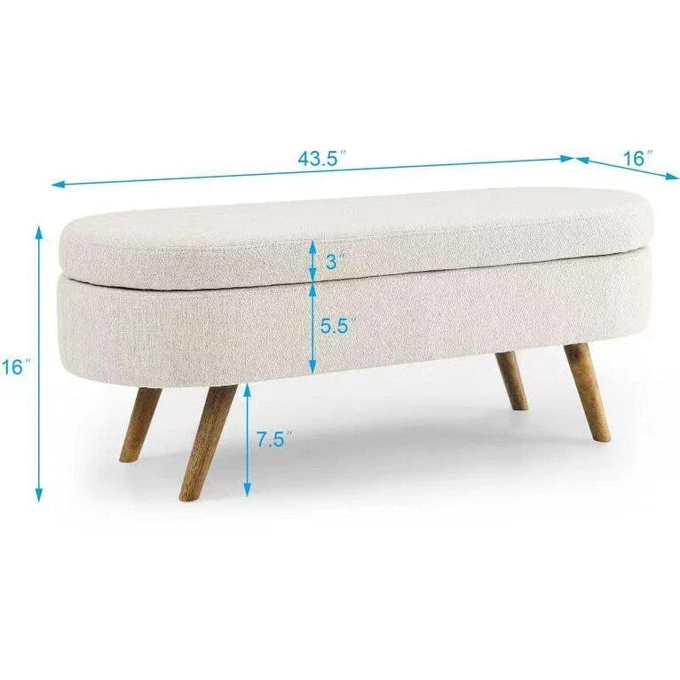 Linen Pleated Storage Ottoman Bench with Durable Rubberwood Legs