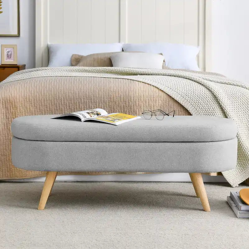 Linen Pleated Storage Ottoman Bench with Durable Rubberwood Legs