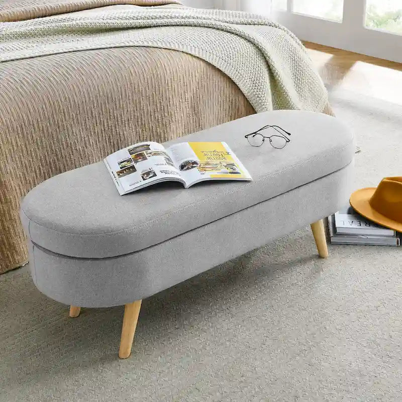 Linen Pleated Storage Ottoman Bench with Durable Rubberwood Legs