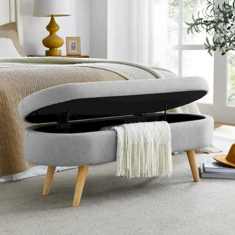Linen Pleated Storage Ottoman Bench with Durable Rubberwood Legs