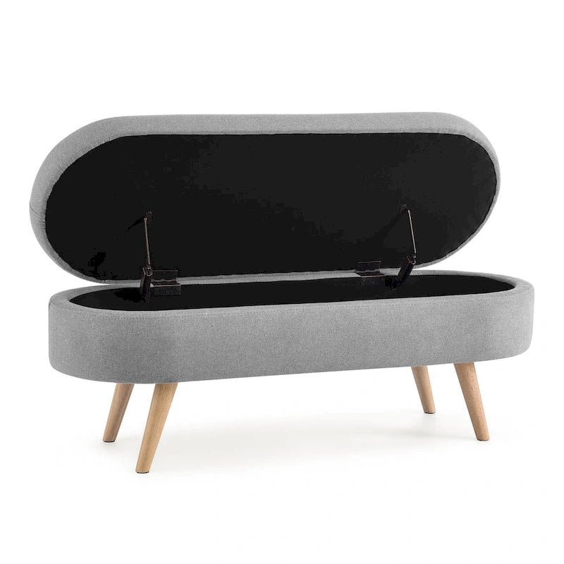 Linen Pleated Storage Ottoman Bench with Durable Rubberwood Legs