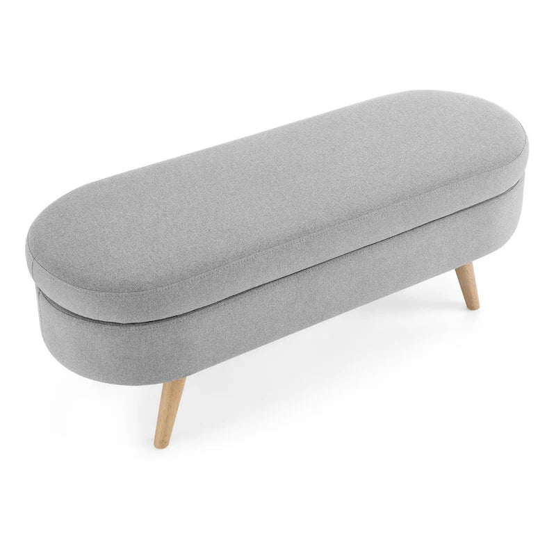 Linen Pleated Storage Ottoman Bench with Durable Rubberwood Legs