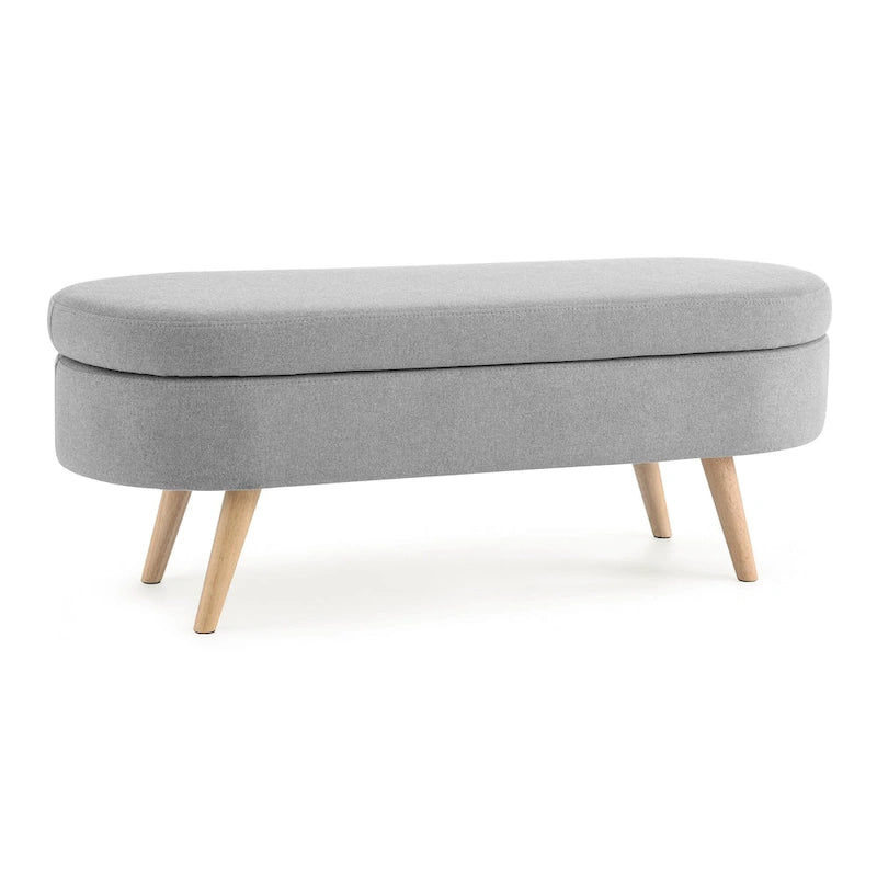 Linen Pleated Storage Ottoman Bench with Durable Rubberwood Legs