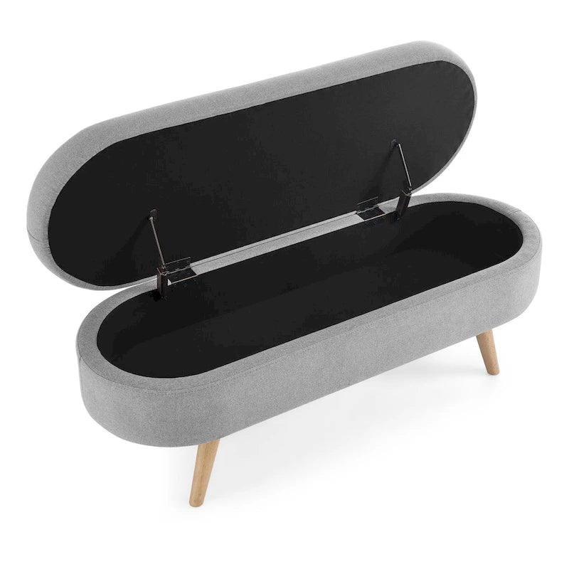 Linen Pleated Storage Ottoman Bench with Durable Rubberwood Legs