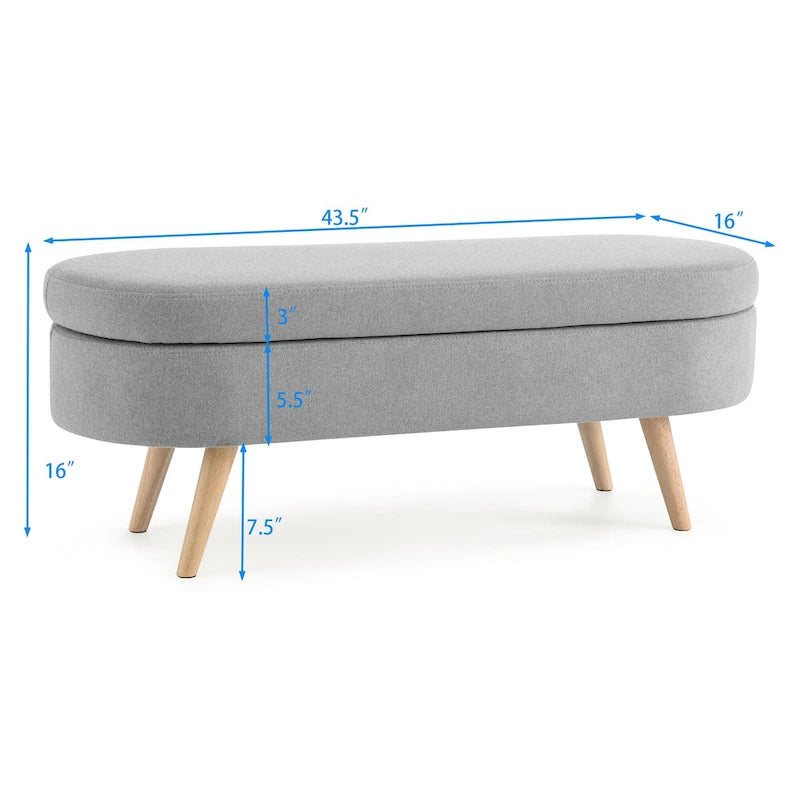 Linen Pleated Storage Ottoman Bench with Durable Rubberwood Legs