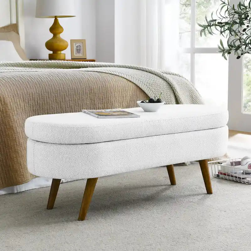 Linen Pleated Storage Ottoman Bench with Durable Rubberwood Legs