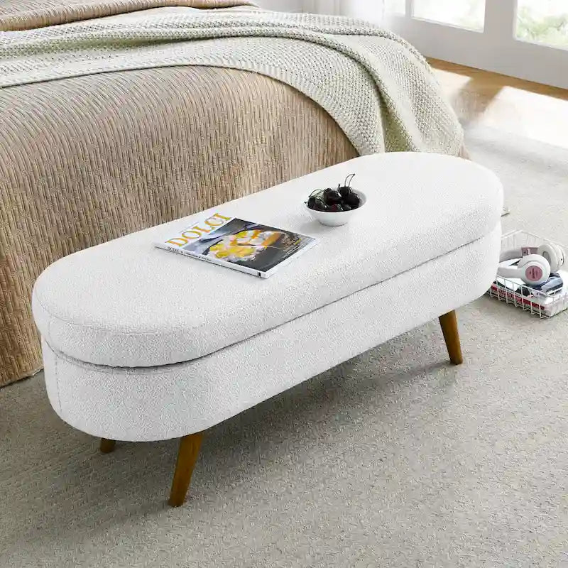 Linen Pleated Storage Ottoman Bench with Durable Rubberwood Legs