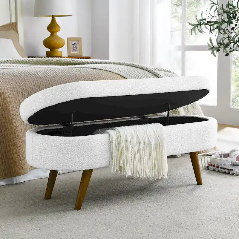 Linen Pleated Storage Ottoman Bench with Durable Rubberwood Legs