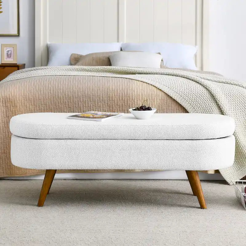 Linen Pleated Storage Ottoman Bench with Durable Rubberwood Legs