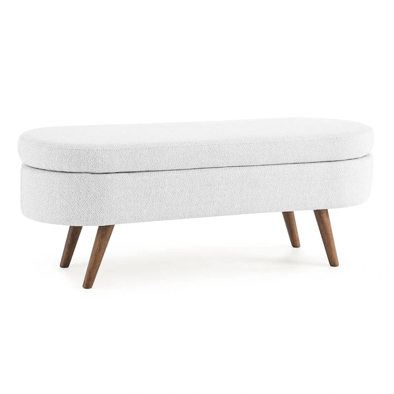 Linen Pleated Storage Ottoman Bench with Durable Rubberwood Legs