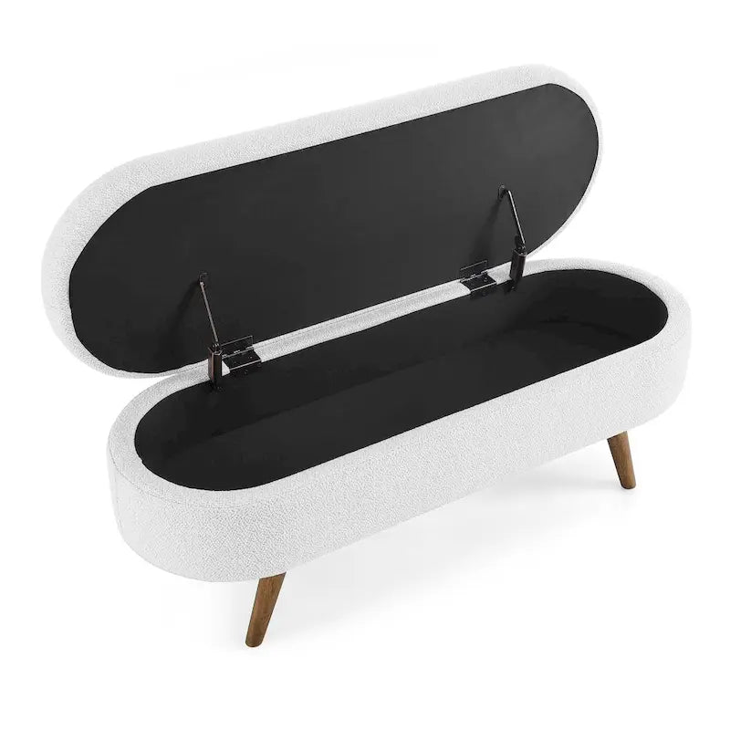 Linen Pleated Storage Ottoman Bench with Durable Rubberwood Legs