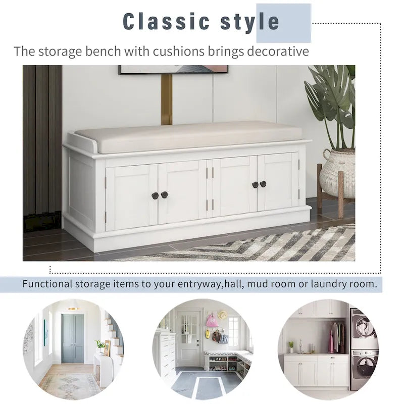 Storage Bench with 4 Doors and Adjustable Shelves