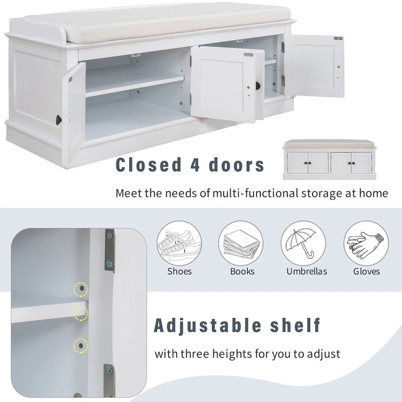 Storage Bench with 4 Doors and Adjustable Shelves