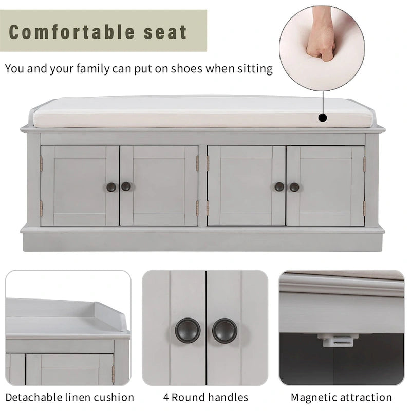 Storage Bench with 4 Doors and Adjustable Shelves
