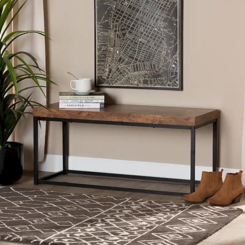 Modern Industrial Wood and Metal Accent Bench-Walnut Brown
