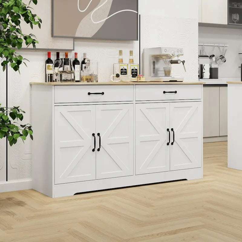 Large Farmhouse Buffet Cabinet Storage Sideboard with 2 Drawers and 4 Doors for Dining Living Room Kitchen Cupboard-White
