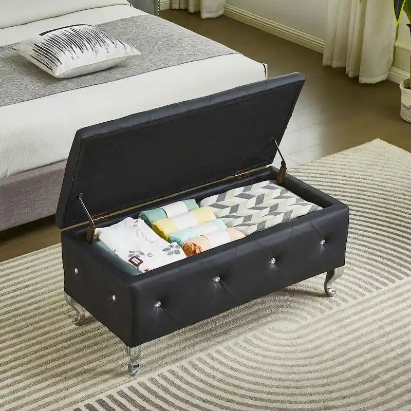 Upholstered Storage Ottoman Bench For Bedroom End Of Bed Storage Benches Footrest With Crystal Buttons For Living Room Entryway