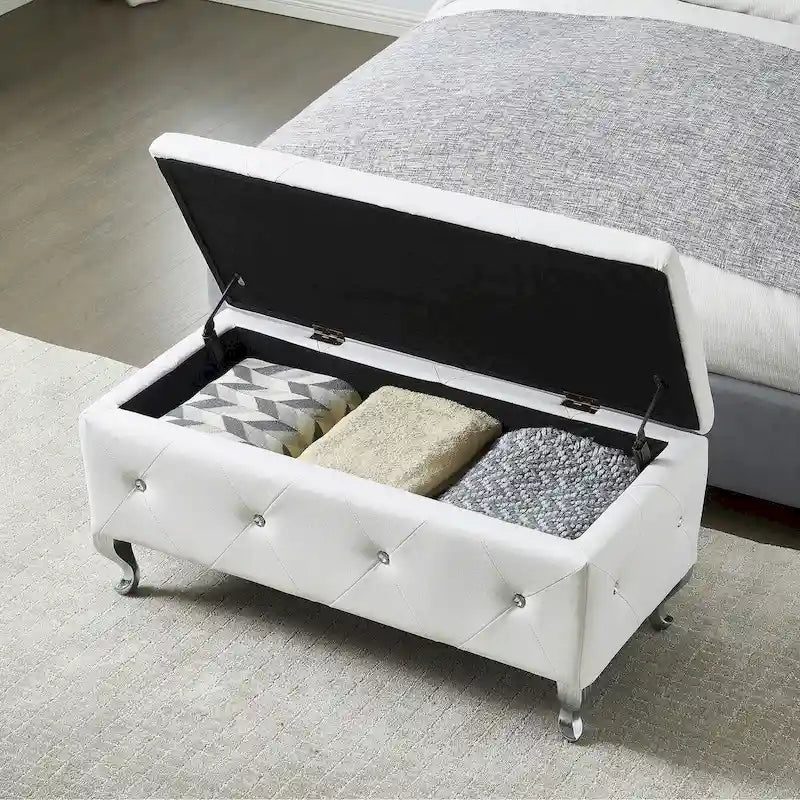 Upholstered Storage Ottoman Bench For Bedroom End Of Bed Storage Benches Footrest With Crystal Buttons For Living Room Entryway
