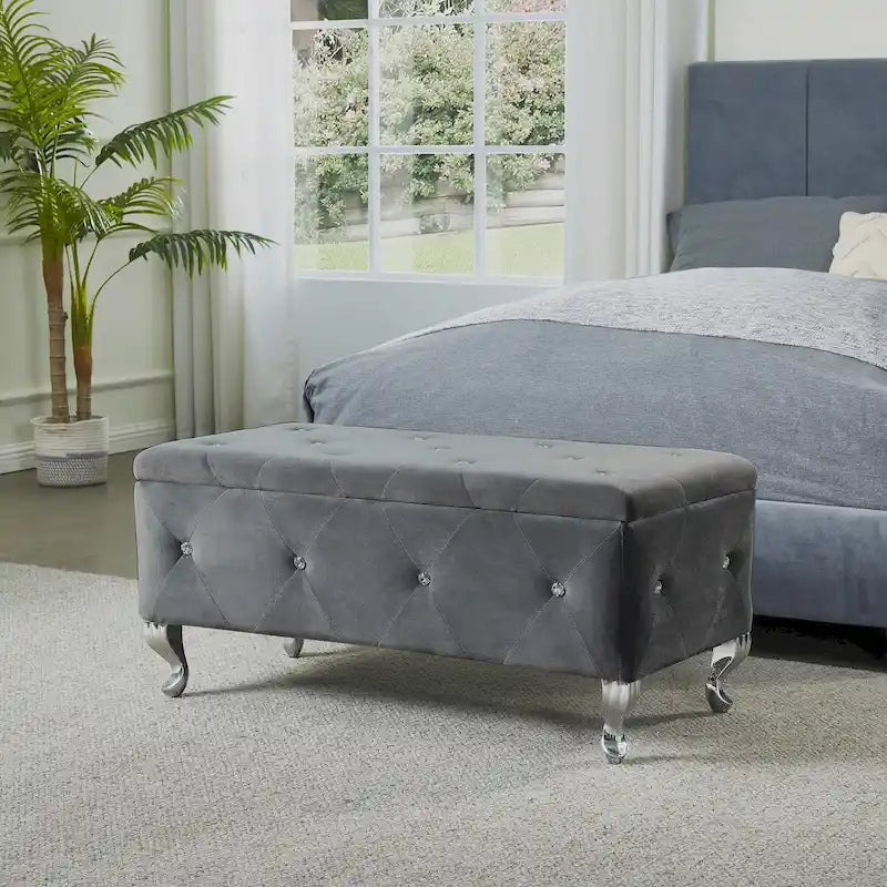 Upholstered Storage Ottoman Bench For Bedroom End Of Bed Storage Benches Footrest With Crystal Buttons For Living Room Entryway