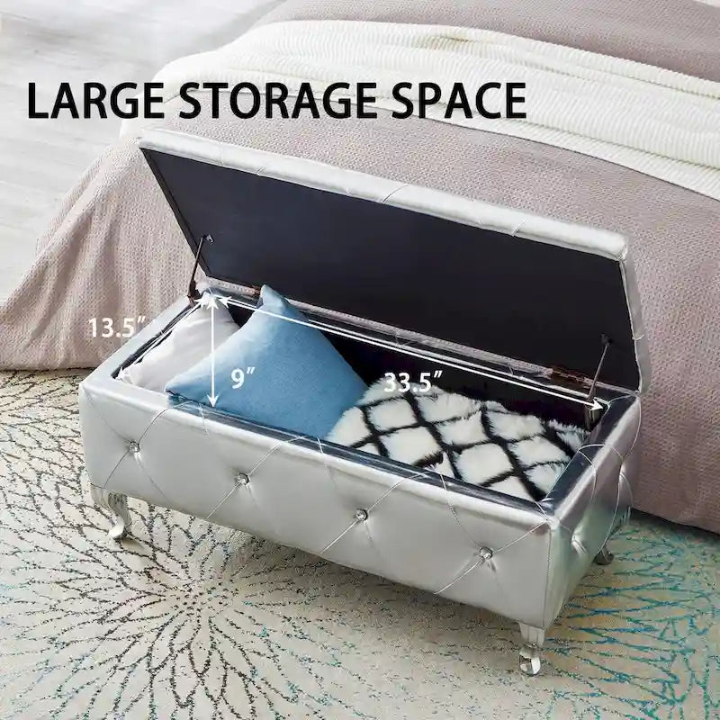 Upholstered Storage Ottoman Bench For Bedroom End Of Bed Storage Benches Footrest With Crystal Buttons For Living Room Entryway