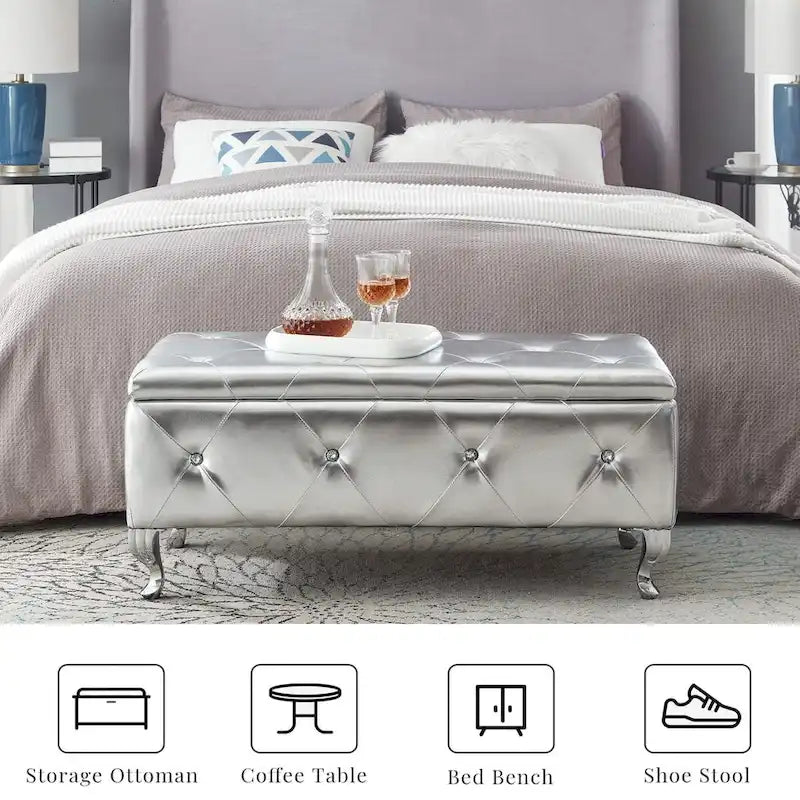 Upholstered Storage Ottoman Bench For Bedroom End Of Bed Storage Benches Footrest With Crystal Buttons For Living Room Entryway