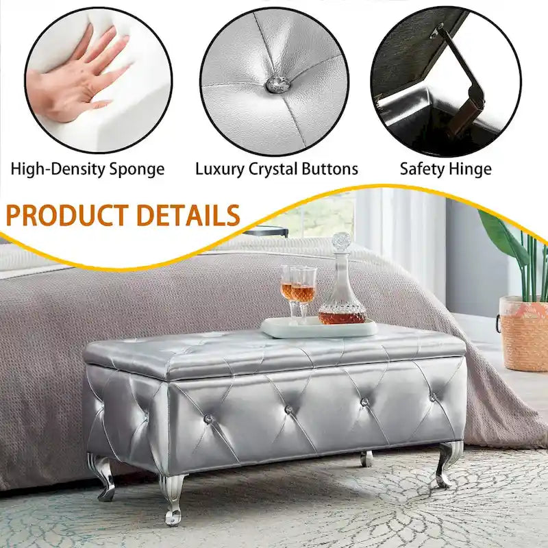Upholstered Storage Ottoman Bench For Bedroom End Of Bed Storage Benches Footrest With Crystal Buttons For Living Room Entryway