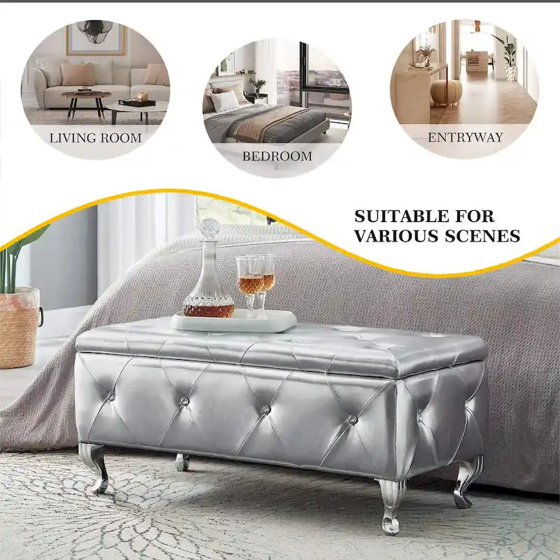 Upholstered Storage Ottoman Bench For Bedroom End Of Bed Storage Benches Footrest With Crystal Buttons For Living Room Entryway