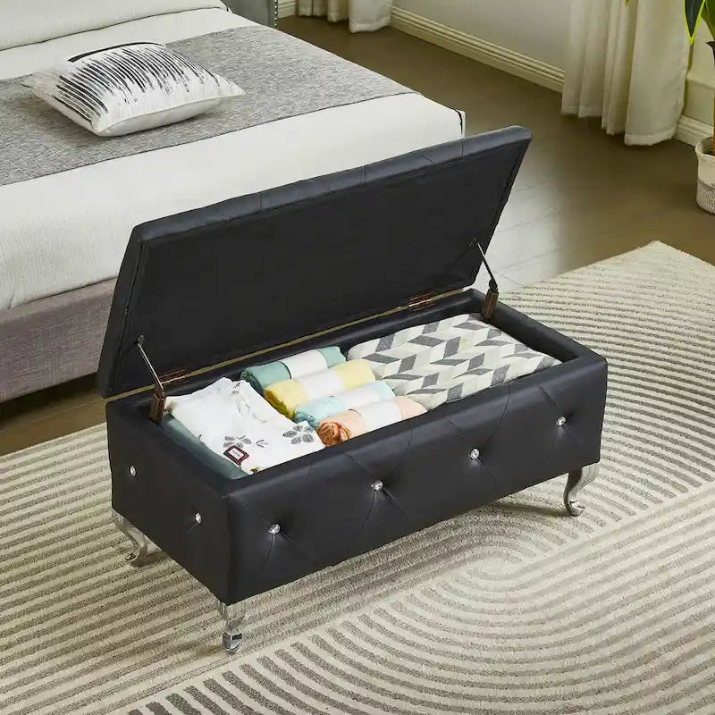 Upholstered Storage Ottoman Bench For Bedroom End Of Bed Storage Benches Footrest With Crystal Buttons For Living Room Entryway