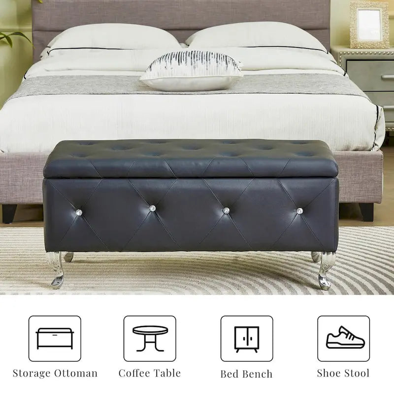 Upholstered Storage Ottoman Bench For Bedroom End Of Bed Storage Benches Footrest With Crystal Buttons For Living Room Entryway