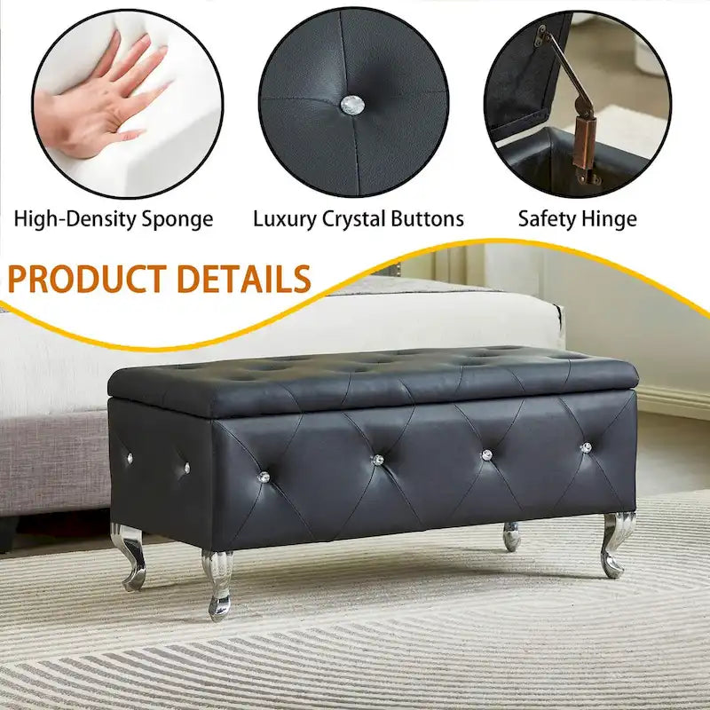 Upholstered Storage Ottoman Bench For Bedroom End Of Bed Storage Benches Footrest With Crystal Buttons For Living Room Entryway