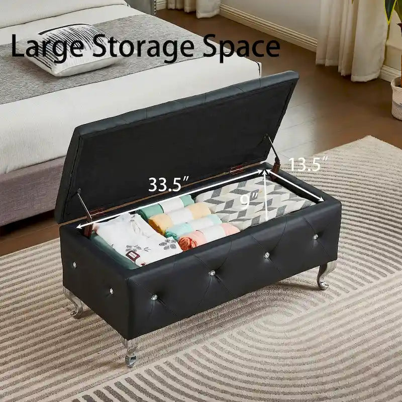 Upholstered Storage Ottoman Bench For Bedroom End Of Bed Storage Benches Footrest With Crystal Buttons For Living Room Entryway