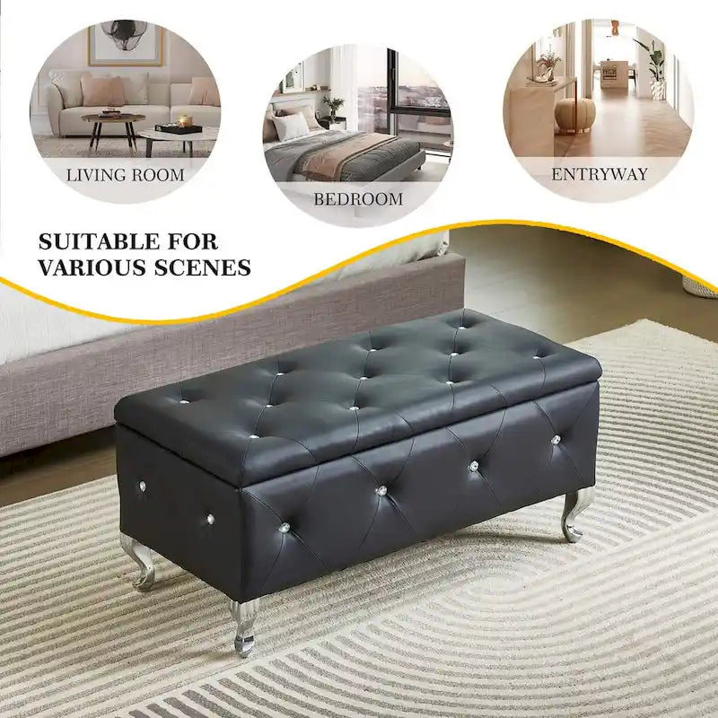 Upholstered Storage Ottoman Bench For Bedroom End Of Bed Storage Benches Footrest With Crystal Buttons For Living Room Entryway