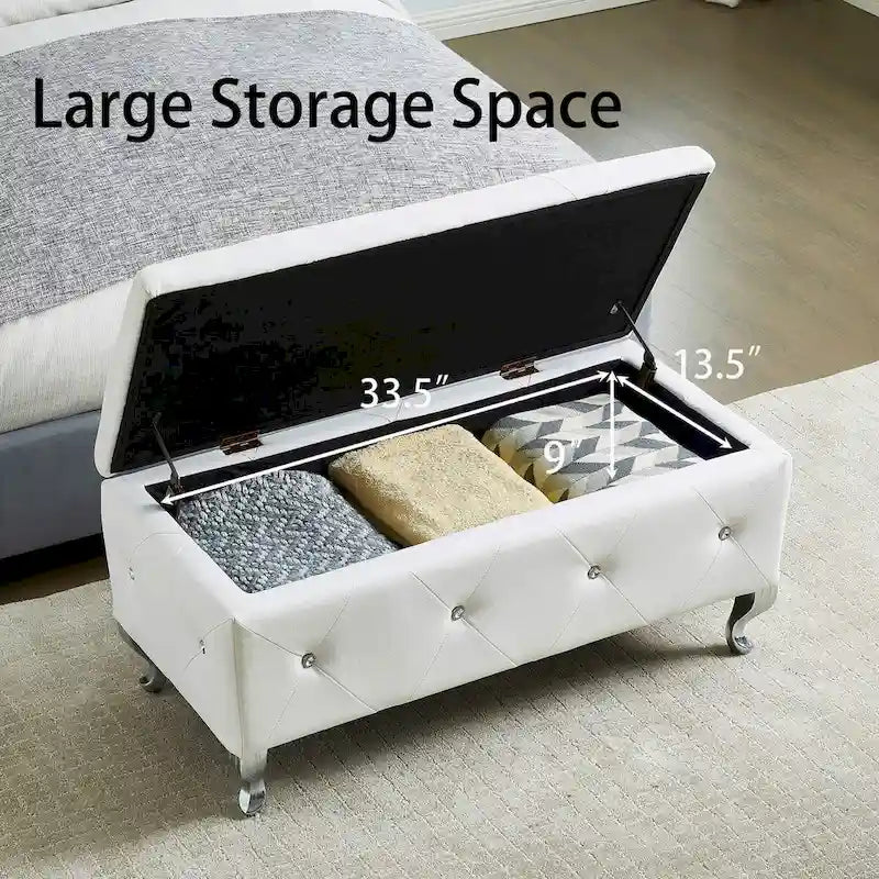 Upholstered Storage Ottoman Bench For Bedroom End Of Bed Storage Benches Footrest With Crystal Buttons For Living Room Entryway