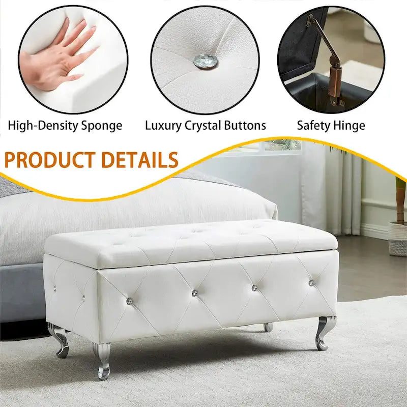 Upholstered Storage Ottoman Bench For Bedroom End Of Bed Storage Benches Footrest With Crystal Buttons For Living Room Entryway