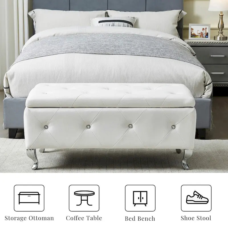 Upholstered Storage Ottoman Bench For Bedroom End Of Bed Storage Benches Footrest With Crystal Buttons For Living Room Entryway