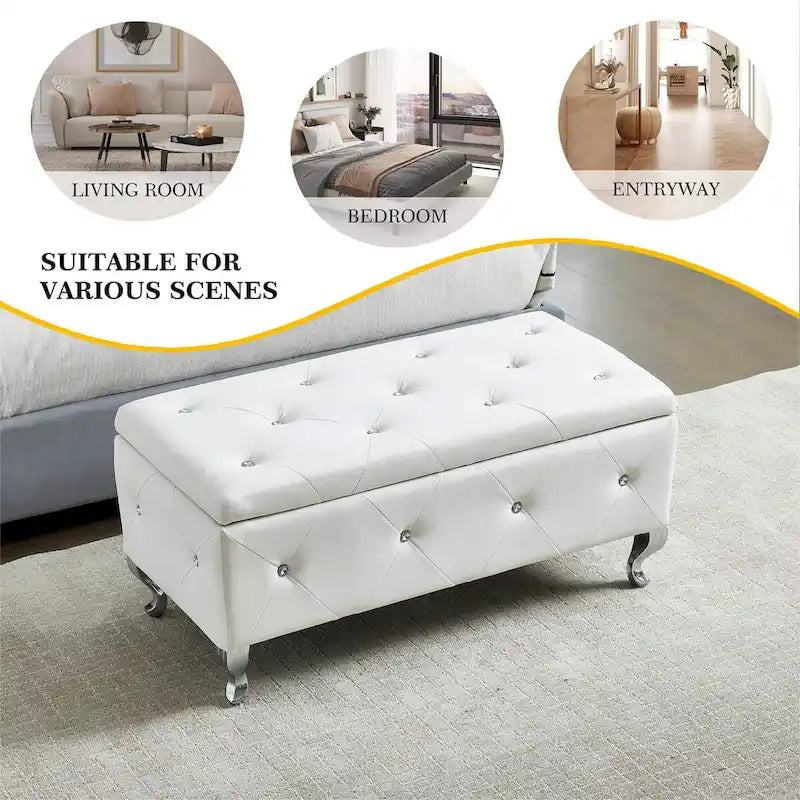 Upholstered Storage Ottoman Bench For Bedroom End Of Bed Storage Benches Footrest With Crystal Buttons For Living Room Entryway