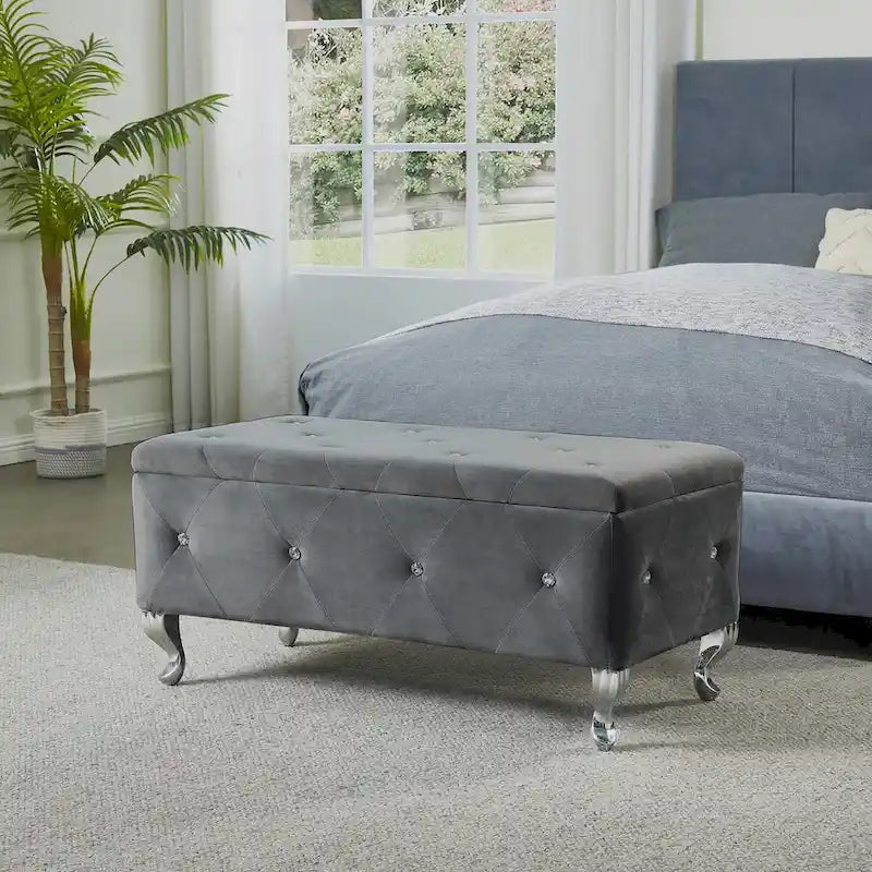 Upholstered Storage Ottoman Bench For Bedroom End Of Bed Storage Benches Footrest With Crystal Buttons For Living Room Entryway
