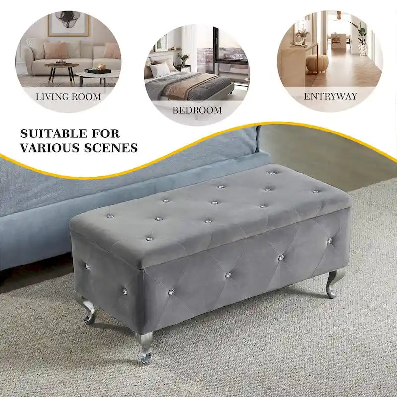 Upholstered Storage Ottoman Bench For Bedroom End Of Bed Storage Benches Footrest With Crystal Buttons For Living Room Entryway