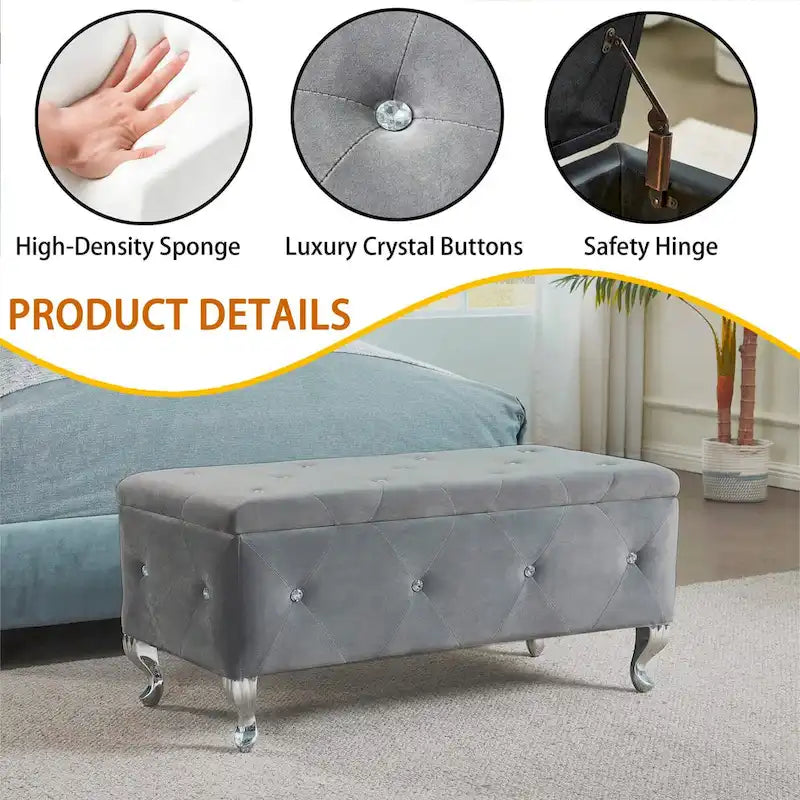 Upholstered Storage Ottoman Bench For Bedroom End Of Bed Storage Benches Footrest With Crystal Buttons For Living Room Entryway